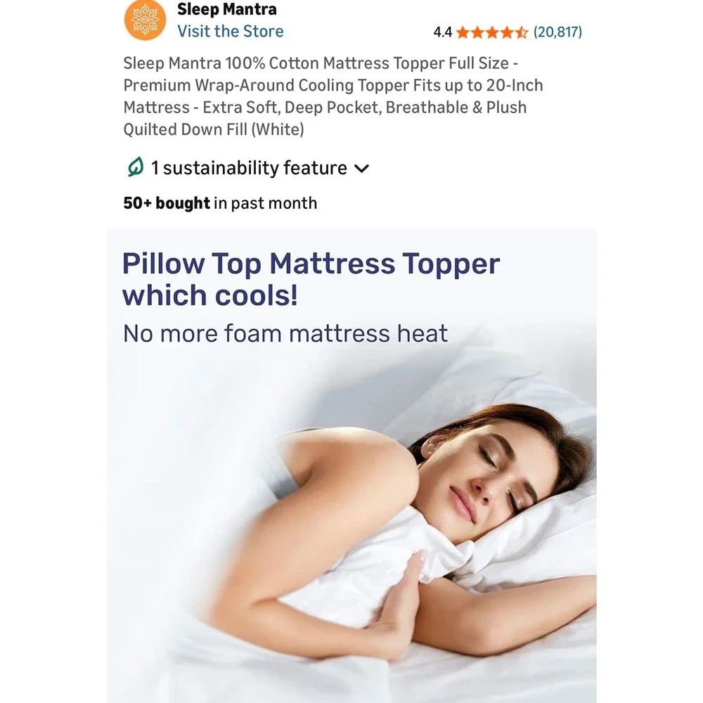 Sleep Mantra King Cotton Mattress Topper Cooling Quilted Down‎ Alternative White